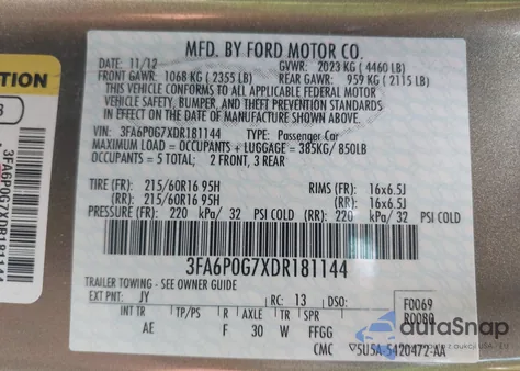 2013 Ford Fusion S z USA, uszkodzony, nr VIN 3FA6P0G7XDR181144